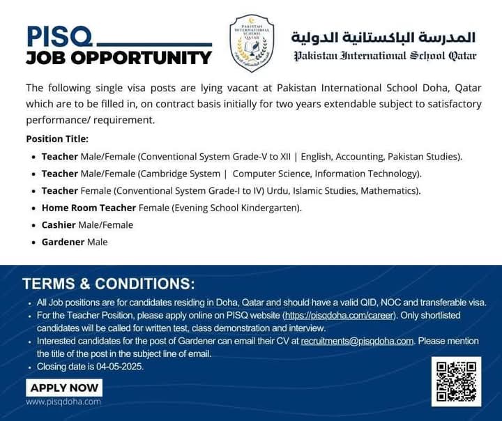 Pakistan International School Qatar Teaching & Non Teaching Jobs 2025