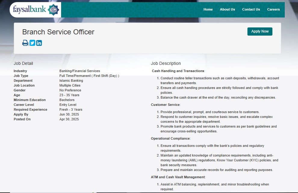 Faysal Bank Branch Service Officer Jobs 2025