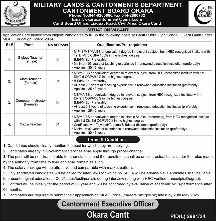 Cantt Public High School Cantonment Board Okara Teaching Jobs 2025