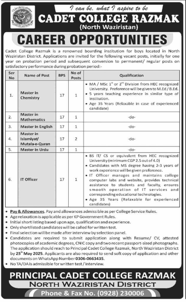 Cadet College Razmak Teaching and IT Officer Jobs 2025