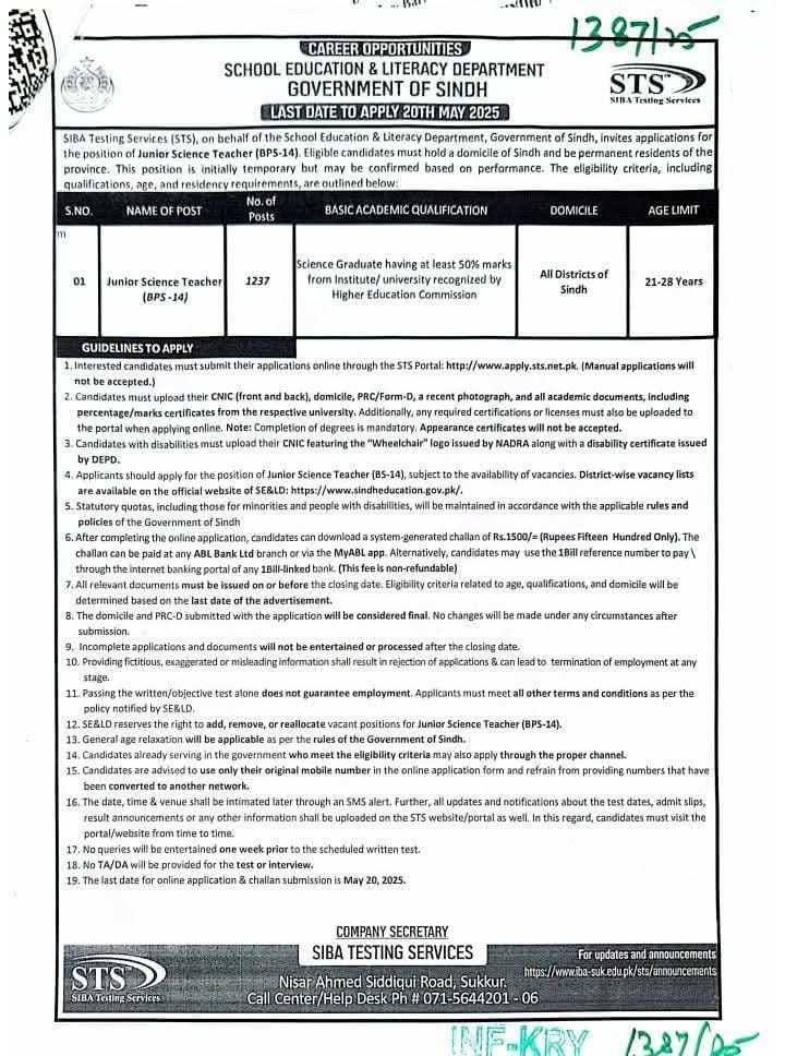 School Education & Literacy Department Govt of Sindh Teaching Jobs 2025